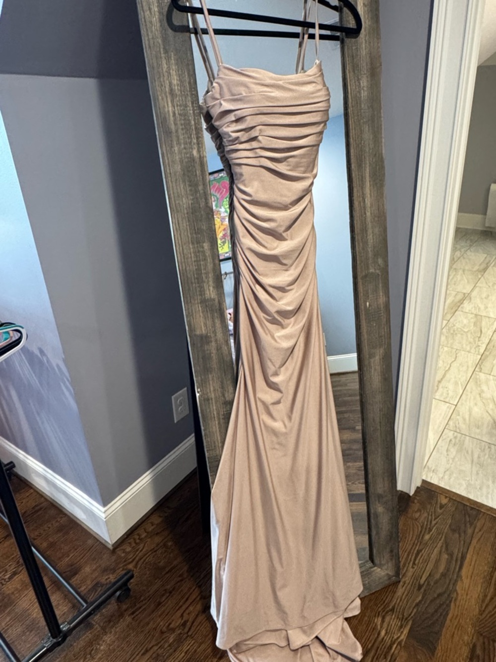 La Femme Blush Nude Ruched Slip Maxi Dress